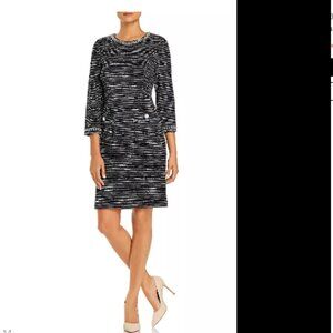 Karl Lagerfeld Paris Tweed Sheath Dress Navy Blue White Pearl Details Office 12